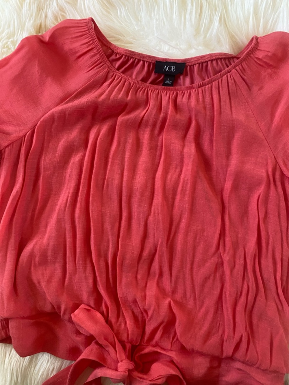 AGB Coral-Pink Gathered Scoop-Neck Blouse with Tie Hem